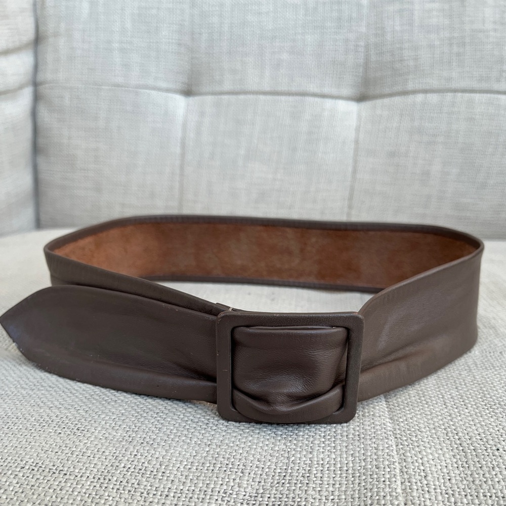 VINTAGE Leather Belt Adjustable Rectangle Buckle Taupe Neutral Classic Basic